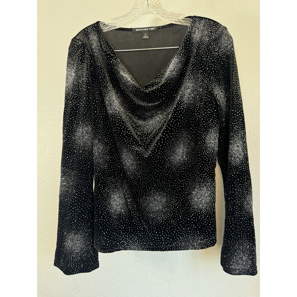Briggs New York Top Large Black Velour Silver Long Sleeve Cowl Neck Blouse
